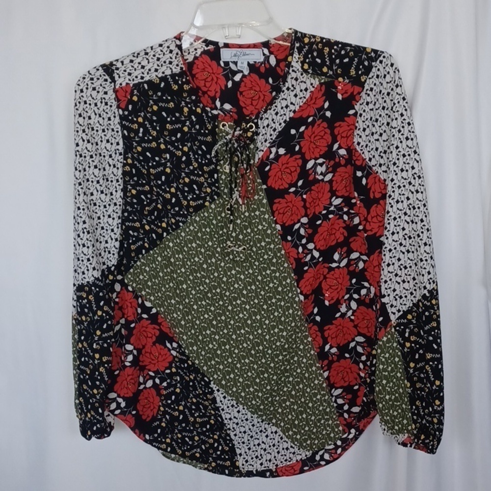 Libby Edelman Mixed Patchwork Floral Lace Up Front Long Sleeve Sz M, 20" PTP